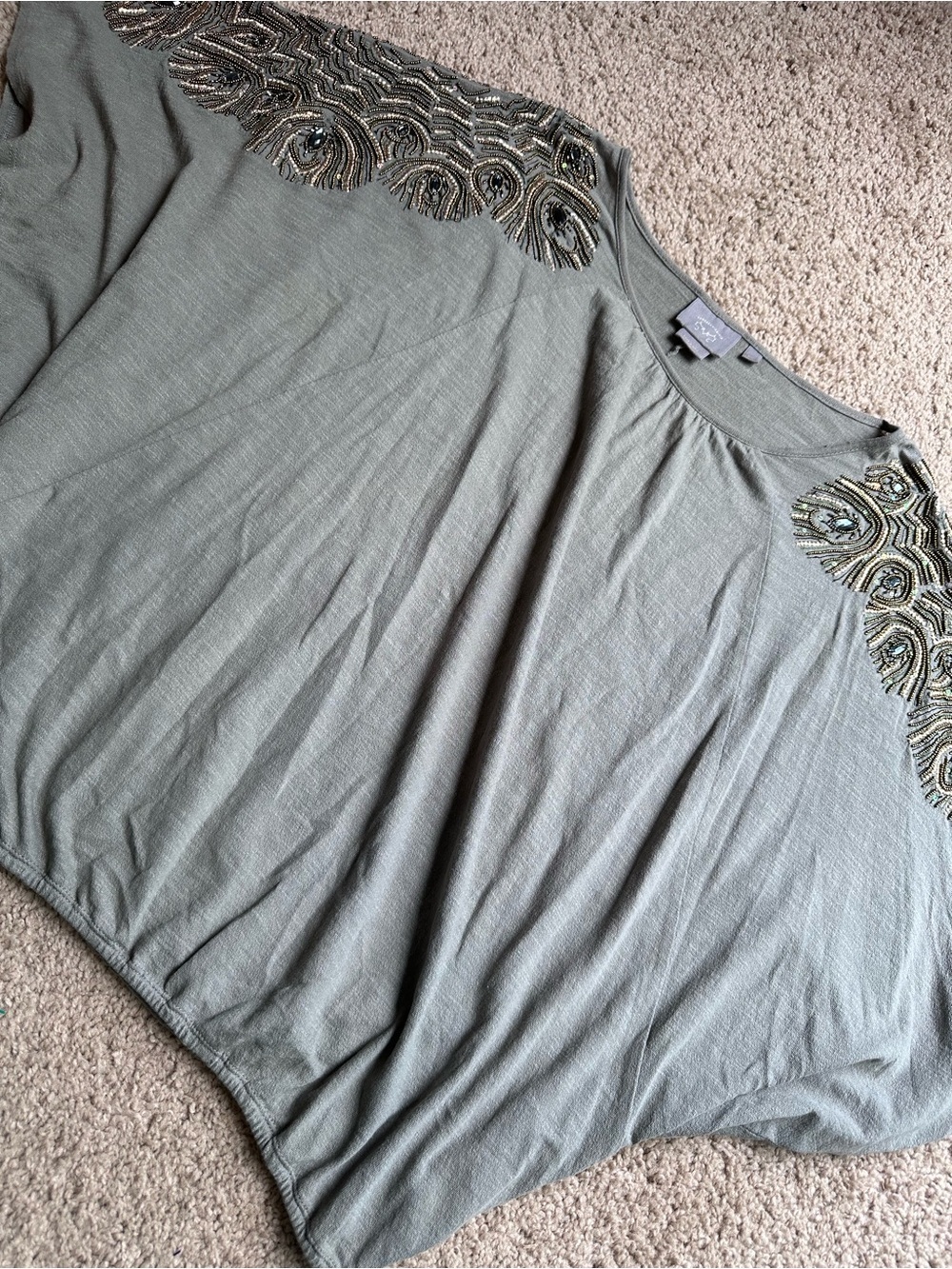 Anthropologie Embellished Olive Green Flutter-Sleeve Top - Picture 7 of 8
